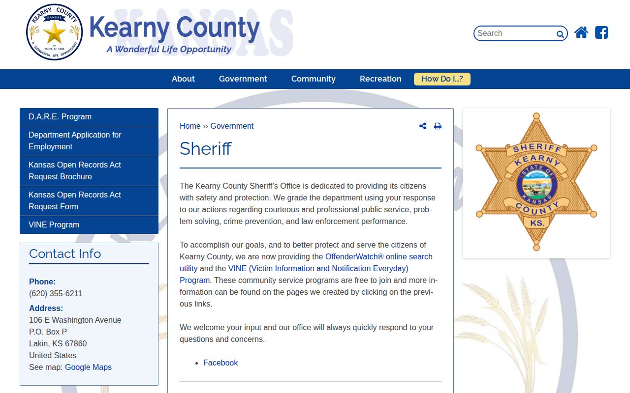 Kearny County Sheriff's Office booking record resource